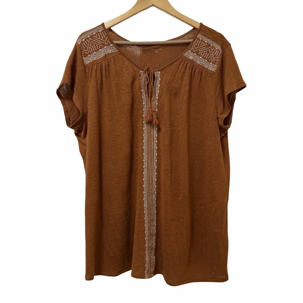 Garnet Hill Embroidered Organic Linen Split Neck Tee Shirt Size L Orange Boho